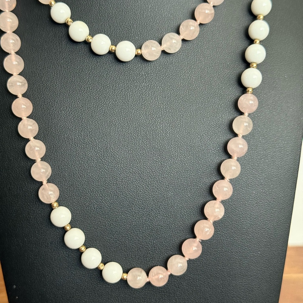 Rose Quartz and White Milk Glass Necklace - Picture 7 of 10